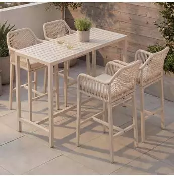 MCW P91 Stehtisch + 4x Barhocker Set, Seilgeflecht Metall, creme (100653)
