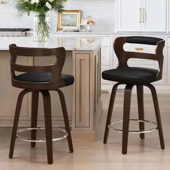LuxusKollektion Barhocker 2er-Set mit R&uuml;ckenlehne, Armlehnen, 360&deg; drehbar, 66cm, schwarz/Dark Walnut
