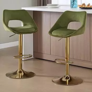 LuxusKollektion Barhocker 2er Set, h&ouml;henverstellbar, 360&deg; drehbar, Samt, gr&uuml;n, goldene Fu&szlig;st&uuml;tze