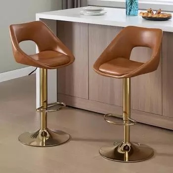 LuxusKollektion Barhocker 2er Set h&ouml;henverstellbar, 360&deg; drehbar, Kunstleder, braun, goldene Fu&szlig;st&uuml;tze