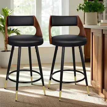 LuxusKollektion Mogan Barhocker 2er-Set, 65cm, R&uuml;ckenlehne, PU-Leder, schwarz