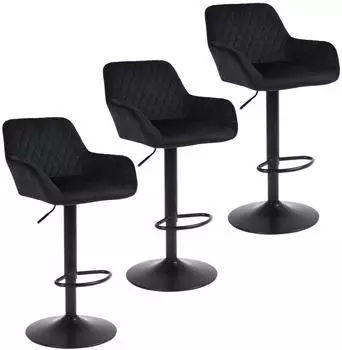 LuxusKollektion Barhocker 3er-Set, Samt, schwarz, höhenverstellbar, drehbar, mit Rückenlehne und Armlehne