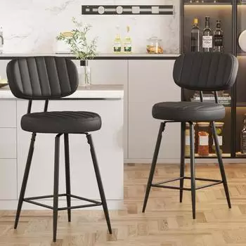 LuxusKollektion Barhocker 2er Set, PU-Leder, 66cm Sitzh&ouml;he, drehbar, schwarz, mit R&uuml;ckenlehne & Fu&szlig;st&uuml;tze