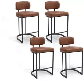 LuxusKollektion Barhocker 4er-Set mit Rückenlehne, PU-Kunstleder, braun, Metallfüße