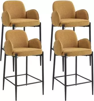 LuxusKollektion Barhocker 4er-Set, Chenille-Sitzpolster, Metallfüße, gelb