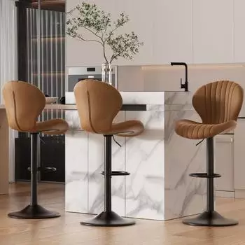 LuxusKollektion Barhocker 3er Set, h&ouml;henverstellbar, Stoff, braun, 360&deg; drehbar