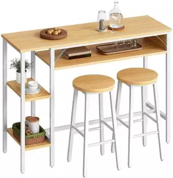 LuxusKollektion Bartisch-Set für 2 Personen, 2 Hocker, 3 Ablagen, weiß/natur