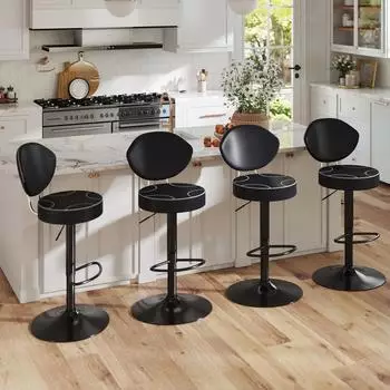 LuxusKollektion Barhocker 4er-Set, drehbar, h&ouml;henverstellbar, mit R&uuml;ckenlehne, Kunstleder, schwarz