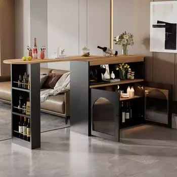 OKWISH Bartisch ausziehbar mit LED-Beleuchtung, 138-193x39x105cm, schwarz