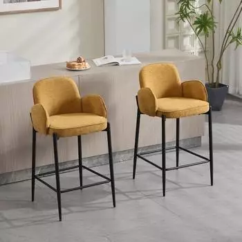 LuxusKollektion Barhocker 2er-Set Chenille gelb, Metallf&uuml;&szlig;e, doppelschichtige R&uuml;ckenlehne