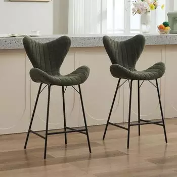 LuxusKollektion Barhocker 2er-Set Chenille, gr&uuml;n, Stepp-R&uuml;ckenlehne, Metallbeine