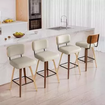 LuxusKollektion Drehbarer Barhocker mit R&uuml;ckenlehne, PU-Leder & Massivholz, graubeige, 65cm, 4er-Set