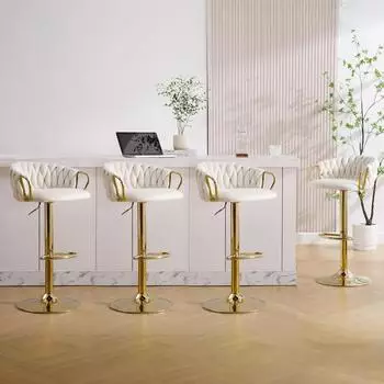 LuxusKollektion Barhocker Samt 4er-Set, h&ouml;henverstellbar, 360&deg; drehbar, creme