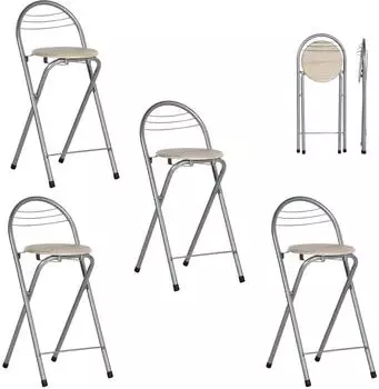 LuxusKollektion Klappbarer Barhocker mit R&uuml;ckenlehne, Holzoptik & Silber, 61cm, 4er-Set