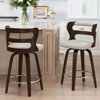 LuxusKollektion Barhocker 2er-Set drehbar 360&deg;, mit Lehne & Armlehnen, 66cm, Kunstleder beige & Holz