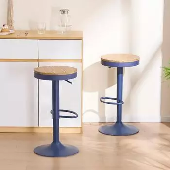 LuxusKollektion Barhocker 2er-Set, Holz, h&ouml;henverstellbar, schwenkbar, marineblau, Vintage