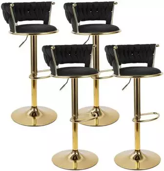 LuxusKollektion Barhocker 4er Set, h&ouml;henverstellbar, drehbar, Samt, gold/schwarz