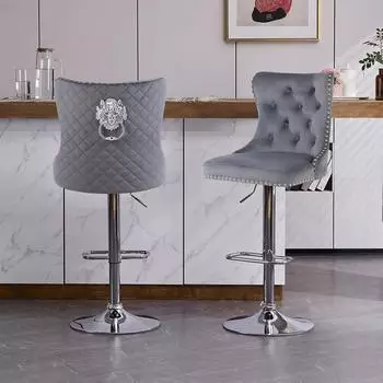 LuxusKollektion Barhocker 2er-Set, Samt, h&ouml;henverstellbar, dunkelgrau, mit R&uuml;ckenlehne und L&ouml;wenring-Griff