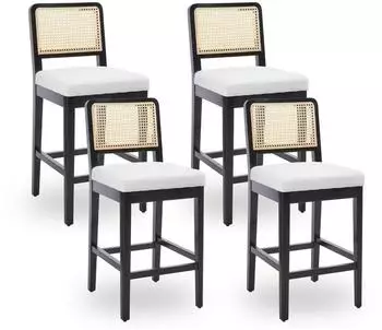 LuxusKollektion Barhocker 4er-Set mit Rattan-Rückenlehne, Holzbeine, Leinen, beige