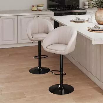 LuxusKollektion Barhocker 2er-Set, h&ouml;henverstellbar, mit Lehne und Fu&szlig;st&uuml;tze, beige, Leinengewebe