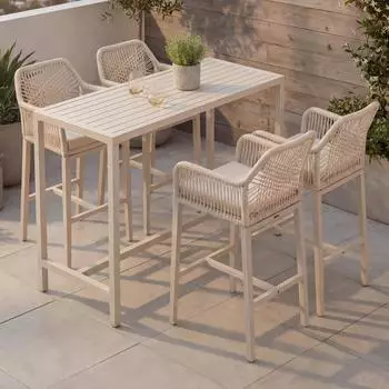 Mendler HWC-P91 Bartisch + 4x Barhocker Set, Outdoor Seilgeflecht Metall, creme (120269a)