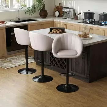 LuxusKollektion Barhocker 3er-Set, h&ouml;henverstellbar, mit Lehne und Fu&szlig;st&uuml;tze, beige, Leinengewebe
