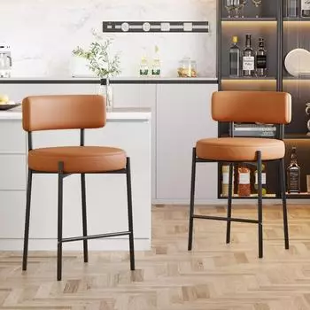 LuxusKollektion Barhocker 2er-Set mit R&uuml;ckenlehne, PU-Leder, braun, 63,5cm Sitzh&ouml;he