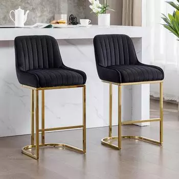 LuxusKollektion Barhocker 2er-Set, Samt, schwarze R&uuml;ckenlehne, goldenes Metallbein