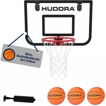 Hudora Mini Basketballkorb-Set Indoor, T&uuml;rkorb mit 3 B&auml;llen & Pumpe (70010)