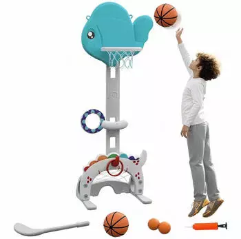 AIYAPLAY Kinder-Basketballkorb 5-in-1, h&ouml;henverstellbar 134-152cm, blau/grau