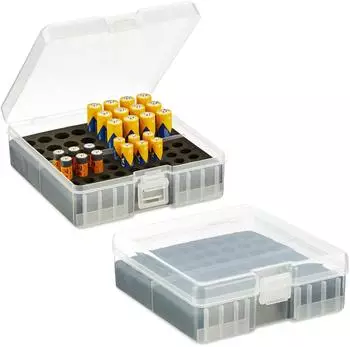 Relaxdays Batteriebox 2er-Set, f&uuml;r 60 AA & AAA Batterien, transparent/schwarz (10046092)