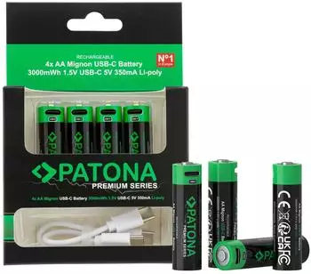 Patona Premium USB-C AA Mignon Akkus Lithium 1,5V 3000mWh, 4er-Pack (1410)