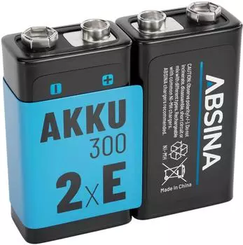 Absina 9V Block-Akku NiMH 8,4V 300mAh, 2er-Pack (401028-2)