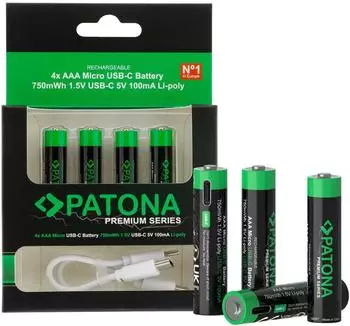 Patona Premium AAA Micro Akkus 750mWh 1,5V USB-C wiederaufladbar 4er-Pack (1409)