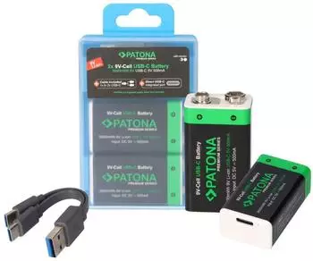 Patona Premium 9V Block-Akku 3600mWh USB-C, 2er-Set (6F22)
