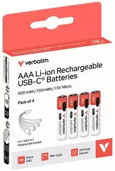 Verbatim Akku Micro (AAA) Li-Ion 1,5V 500mAh USB-C, 4er-Pack (30250)