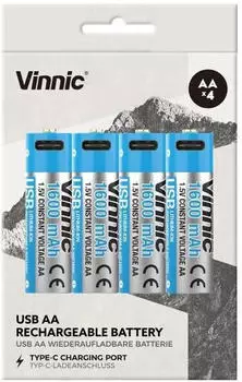 Vinnic Wiederaufladbarer Li-Ion Akku AA 1,5V 1600mAh USB-C 4er-Pack (VPRB-UC2A-4PC)