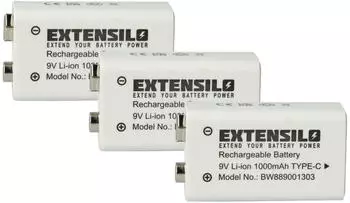 EXTENSILO 9V Block-Akku Li-Ion 1Ah mit USB-C, 3er-Pack (181456165)
