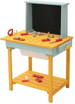 Joyz Kinderwerkbank Tannenholz mit Tafel, gelb-t&uuml;rkis, 101x37x81cm (490018284)