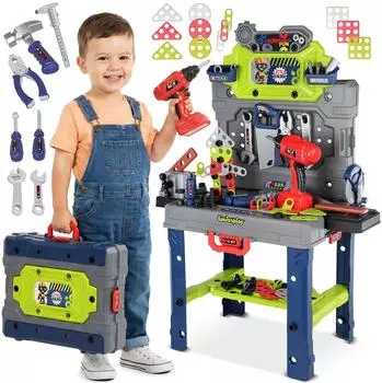 Kinderplay Kinder-Werkbank 2-in-1 Koffer mit Werkzeugset und Bohrmaschine, 132-tlg. (KP7451)