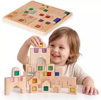 Mamabrum Sensorische Holzbausteine mit transparenten Acrylw&uuml;rfeln, 40-teilig