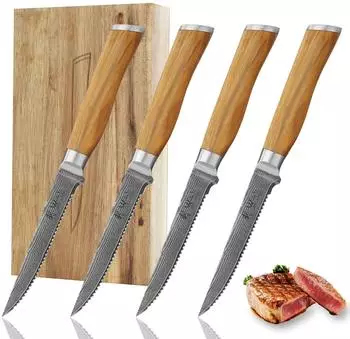 Wakoli Olive HS Steakmesser-Set 4-teilig, Damaststahl, Olivenholzgriff (Olive HS)
