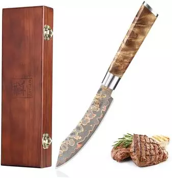 Zayiko MysticMagma Steakmesser, Damaststahl, 13cm Klinge, Ahornwurzelholzgriff