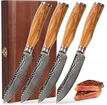 Wakoli Olive HS 4-teiliges Steakmesser-Set, Damaststahl (VG10), Olivenholzgriffe, 12,5cm Klinge (Olive HS)