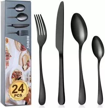 LuxusKollektion Besteck-Set 24-teilig, Edelstahl, runde Griffe, schwarz