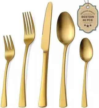 LuxusKollektion Besteck-Set 60-teilig f&uuml;r 12 Personen, Edelstahl matt gold