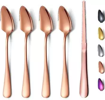 LuxusKollektion Grapefruitl&ouml;ffel-Set 5-teilig, Edelstahl, ros&eacute;gold, mit Messer