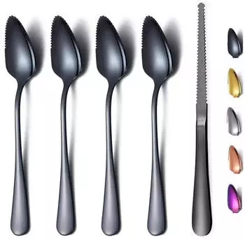 LuxusKollektion Grapefruitl&ouml;ffel-Set 5-teilig, Edelstahl, gezackte Kante, schwarz