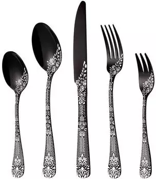 LuxusKollektion Besteckset 30-teilig f&uuml;r 6 Personen, Edelstahl schwarz mit Blumenmuster (69300)