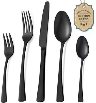 LuxusKollektion Besteck-Set 60-teilig f&uuml;r 12 Personen, Edelstahl schwarz matt